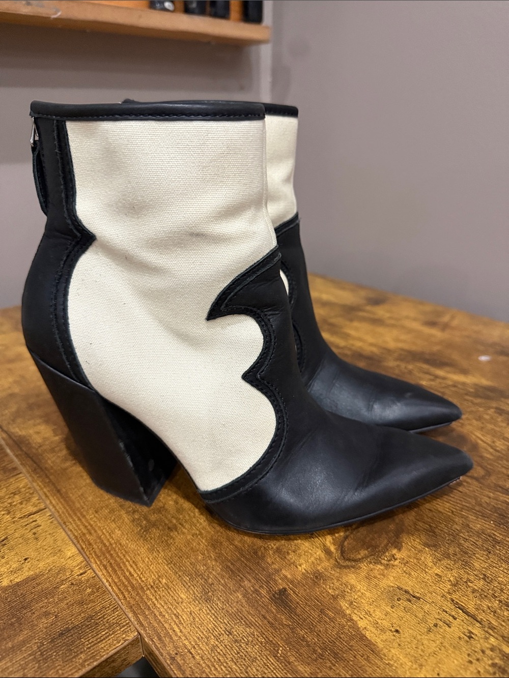 Dolce Vita Black and Cream Pointed Toe Western Ankle Boots